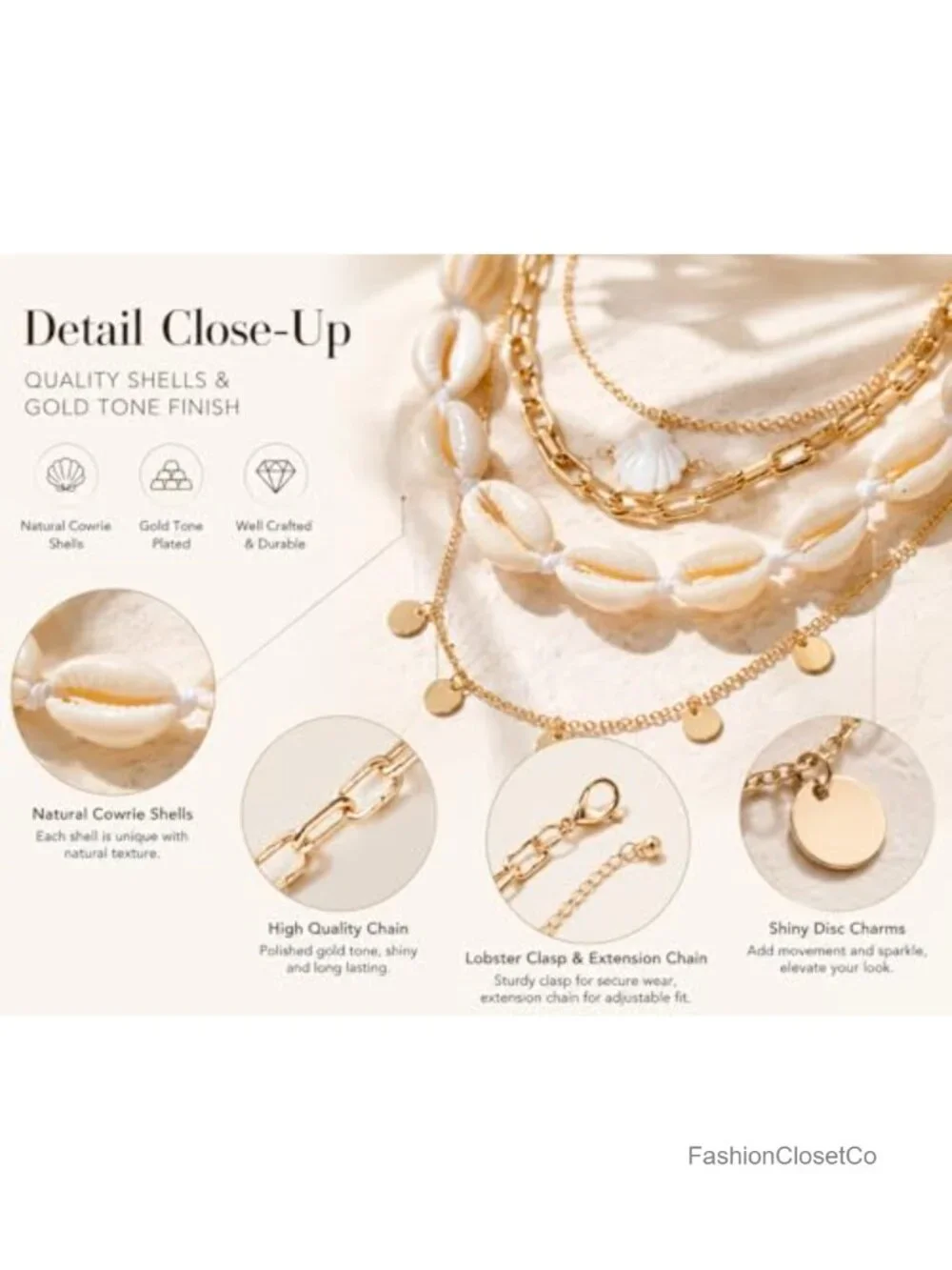Layered Cowrie Shell Necklace Set Gold Tone Boho Choker Adjustable Summer Beach